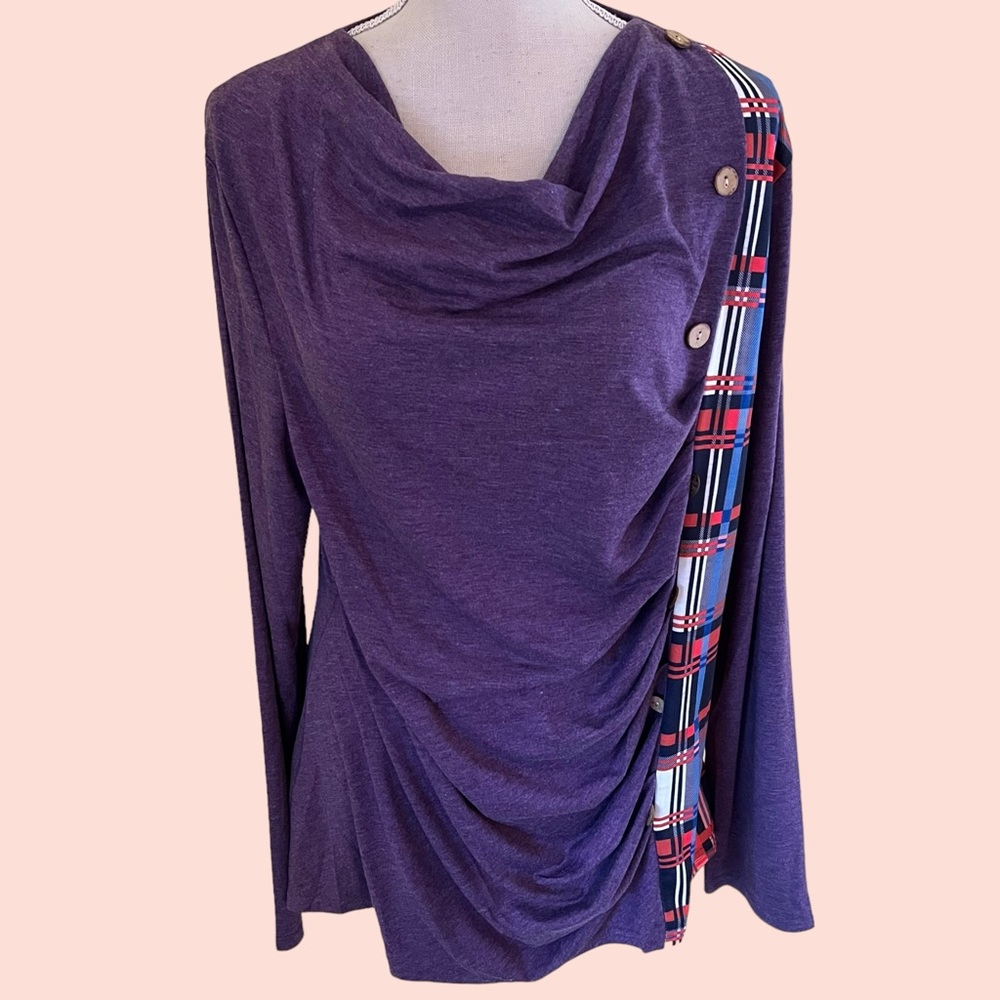 Cellabie Purple/Plaid Knit Cowl Neck Button Detail Pullover XL